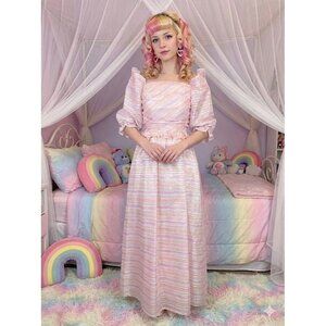Vtg 80s Cotton Candy Pink Striped Puff Shoulder Party Dress Fairy kawaii 12